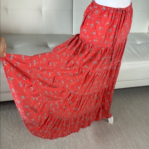 Free People NOVA Coral Floral Tiered Maxi Skirt - Elastic Waist with Drawstring - Picture 3 of 13